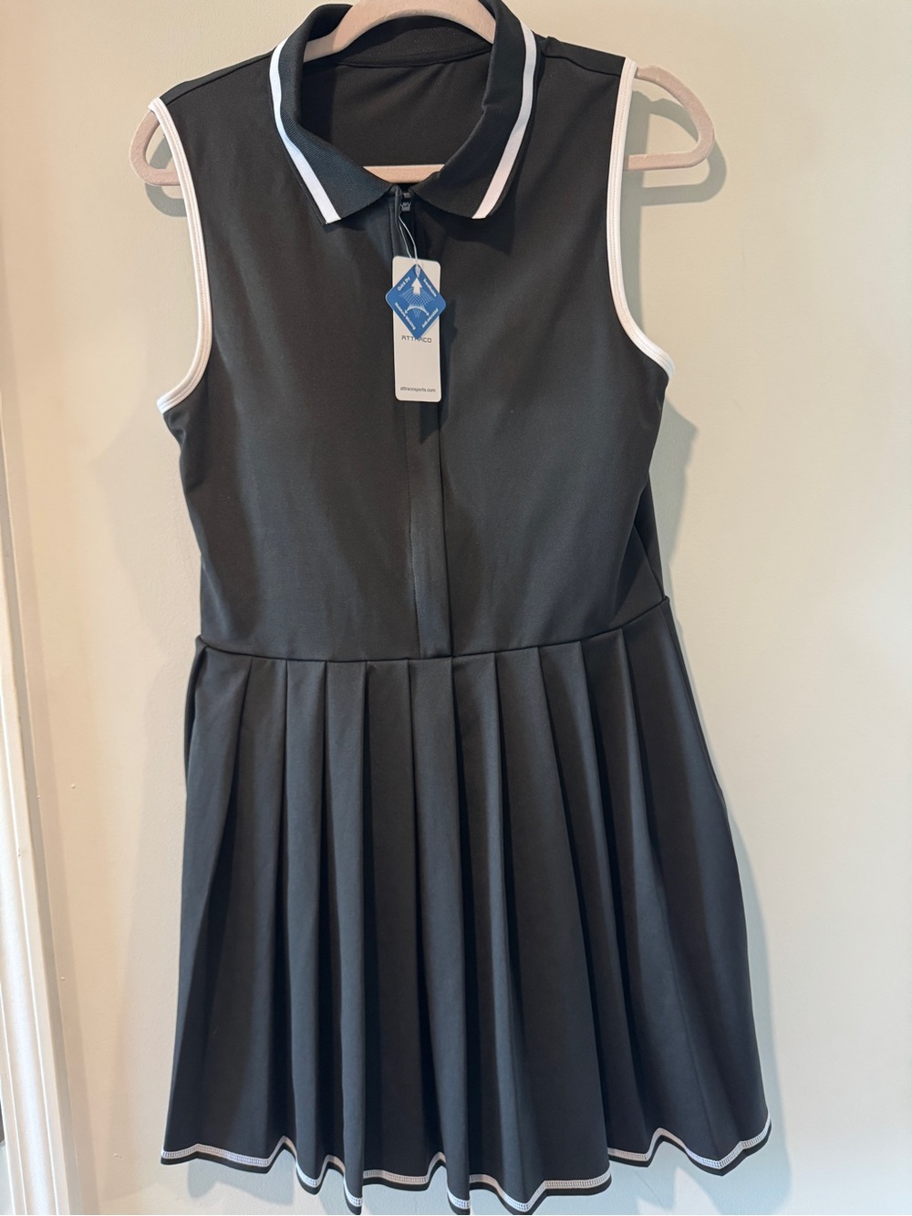 Black Sleeveless Polo Pleated Dress with White Trim